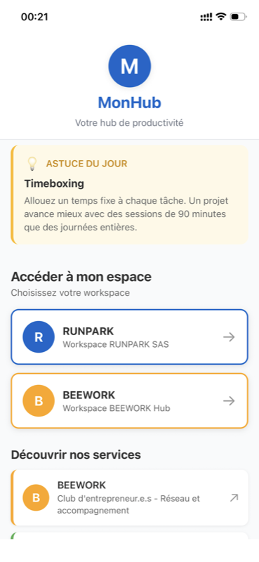 App monhub - Accueil avec astuce du jour